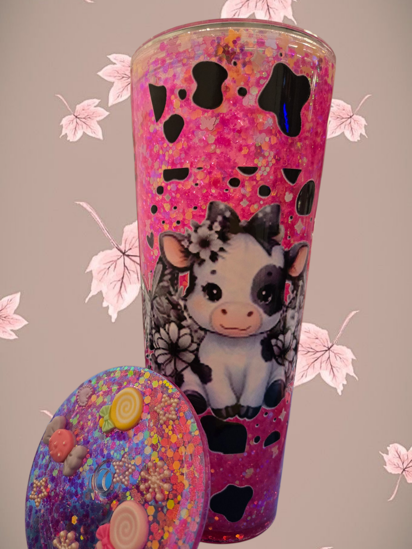 🌸🐮 Sparkly Cow Snow Globe Tumbler 🐮🌸