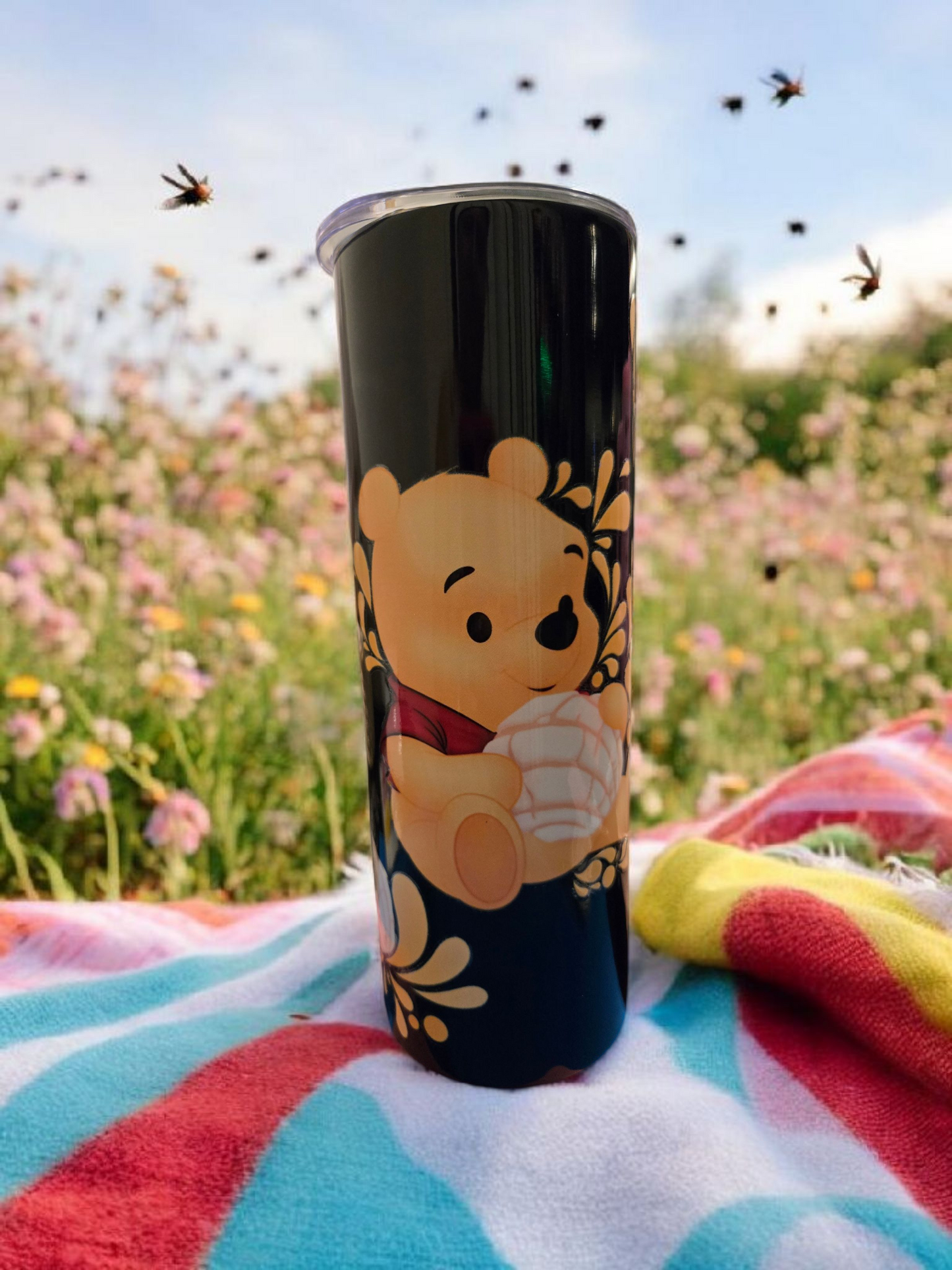 🐻✨ Pooh & Conchas 20 oz Black Stainless Steel Skinny Mug – Cozy & Cute
