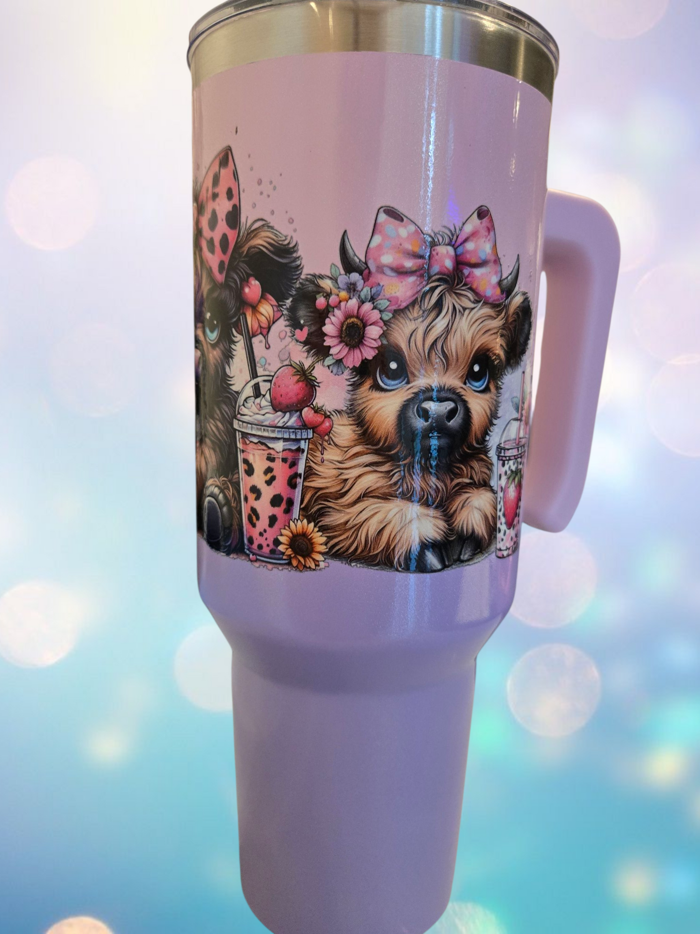 🌸 40 oz Cute Baby Cow Tumbler – Shiny Pink Stainless Steel 🌸