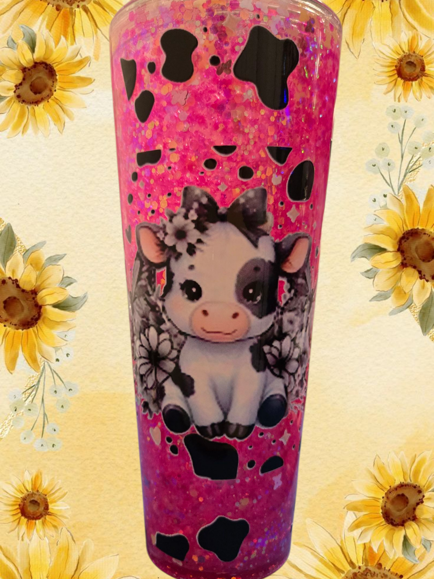 🌸🐮 Sparkly Cow Snow Globe Tumbler 🐮🌸